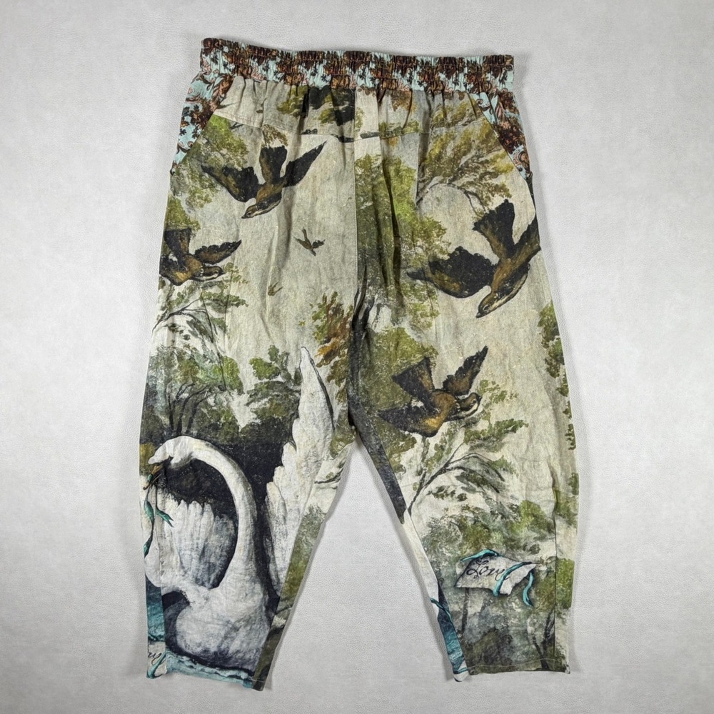 Market of Stars Pants Nature Print Linen Blend Swan Bird Forest Green Size Small - Picture 2 of 16